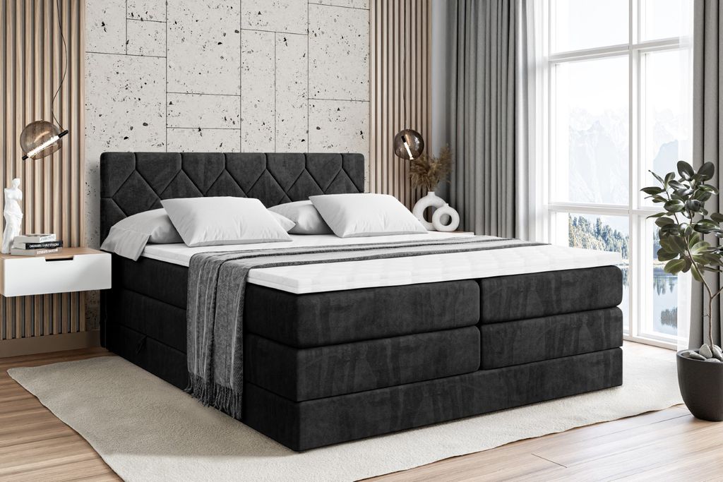ALTDECOR Boxspringbett mit 2 Matratzen und Topper - 120x200 cm - CATOR KING - Schwarz Samt - Polsterbett mit, H3- und H4- Matratzen, Bettkasten und...