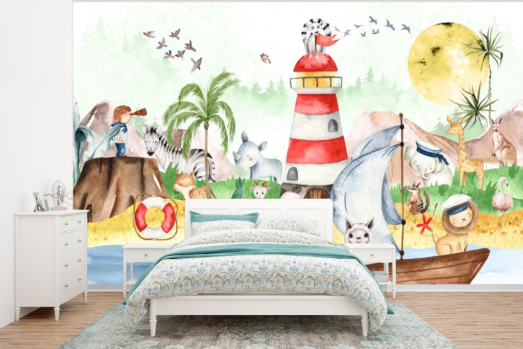 MuchoWow Fototapete für Wohnzimmer oder Schlafzimmer Wandtapete Vinyl Motivtapete Strand - Tiere - Kinder - Leuchtturm - Jungen - 375x280 cm - K...