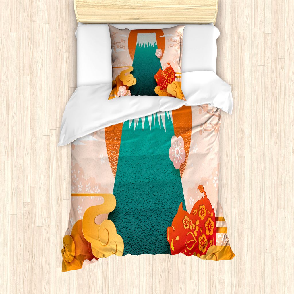 ABAKUHAUS japanisch Bettbezug Set für Einzelbetten, Folkloristische Elemente Doodle, Milbensicher Allergiker geeignet mit Kissenbezug, 135 cm x 20...