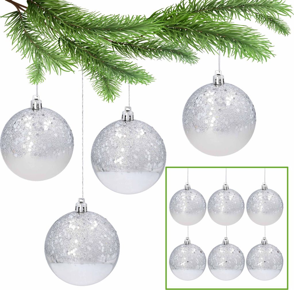 Christbaumkugeln aus Kunststoff mit Glitzer 8cm, Silberkugelset, Christbaumschmuck, 6tlg. x 1 Pack