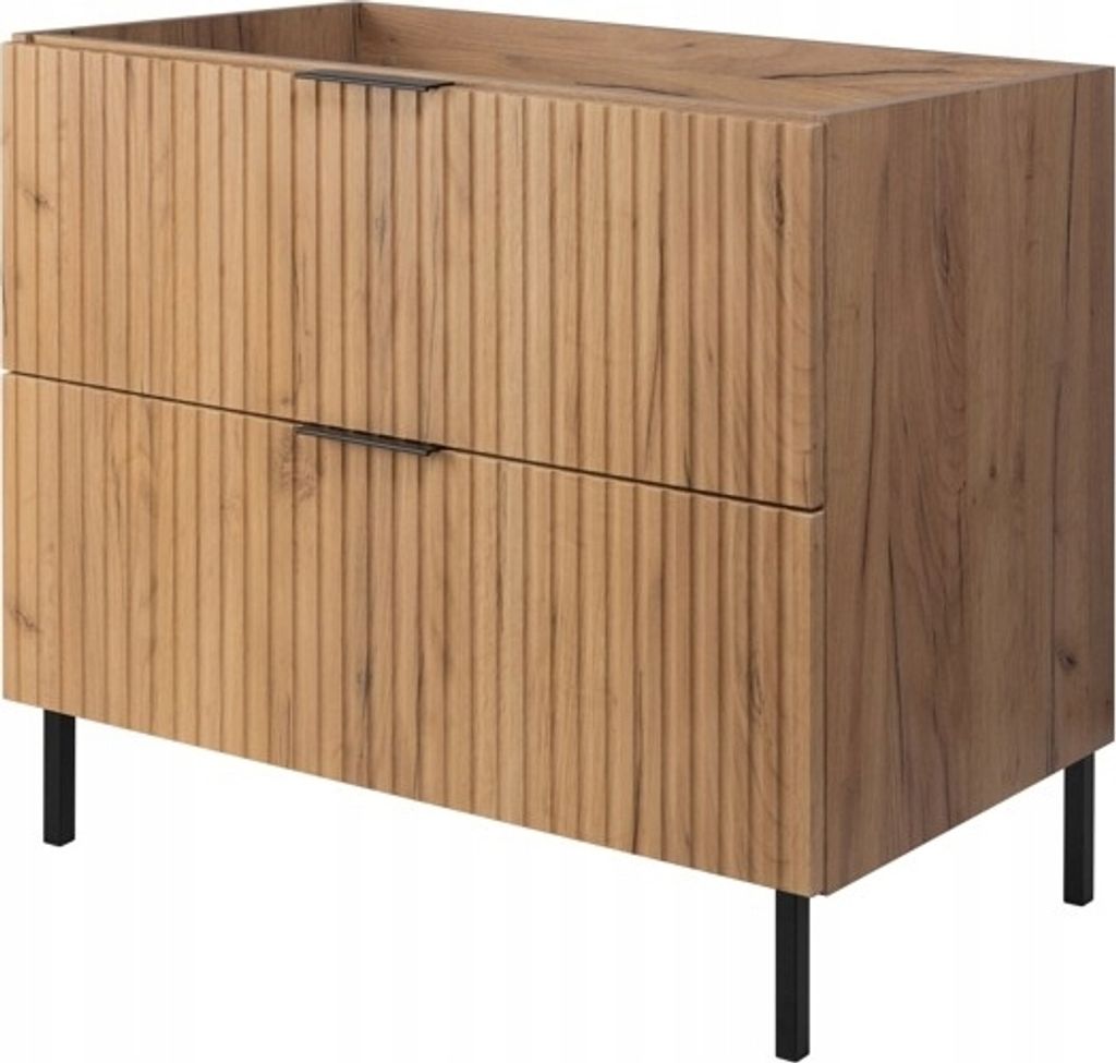 A product shot of a bathroom vanity cabinet with two drawers.