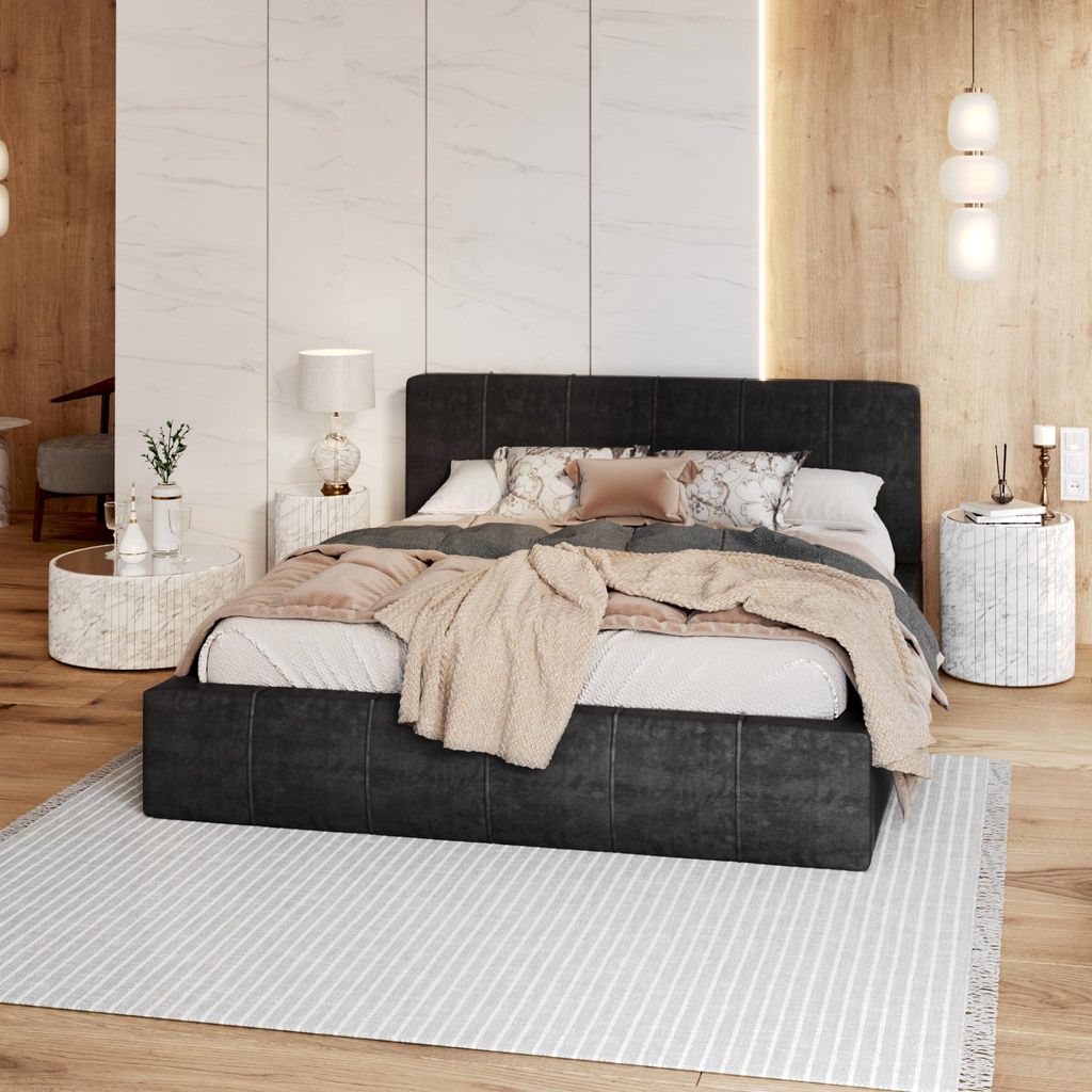 FDM Bett FLORIDA Trinity 160x200 cm Polsterbett mit Lattenrost aus Metall Bettkasten Stauraumbett Samt schwarz