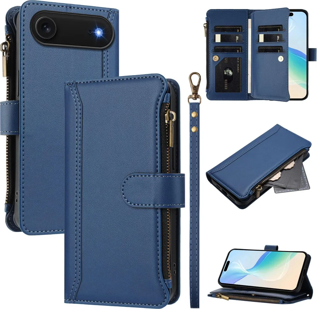 Cover iPhone Air con Portafoglio e Zip: Blu Elegante con Stand