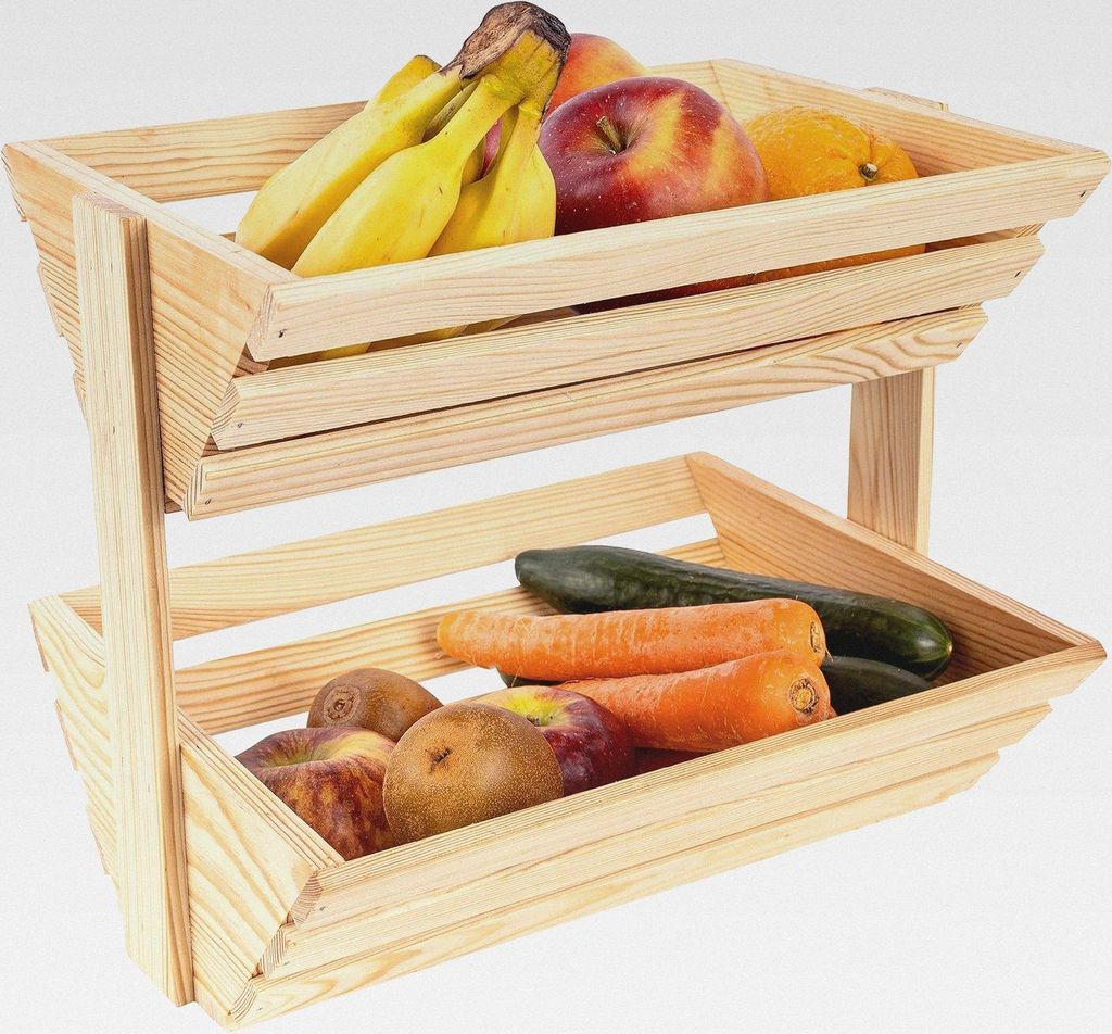 Obstkorb Holz mit 2 Etagen | Geöltes Holz 36 x 28 x 30 cm | Obstschale Brotkorb Obst Etagere | Universell einsetzbare Aufbewahrungsbox Obsttablett...