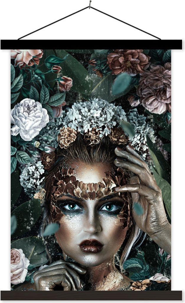 MuchoWow Textilposter Silber - Frau - Blumen 40x60 cm mit schwarzem Rahmen - Wanddekorationen