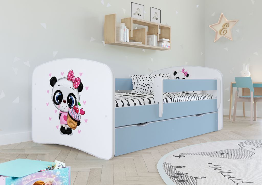 Kinderbett Jugendbett 80x180 cm Blau mit Matratze Rausfallschutz Schublade und Lattenrost Kinderbetten für Mädchen und Junge - Panda
