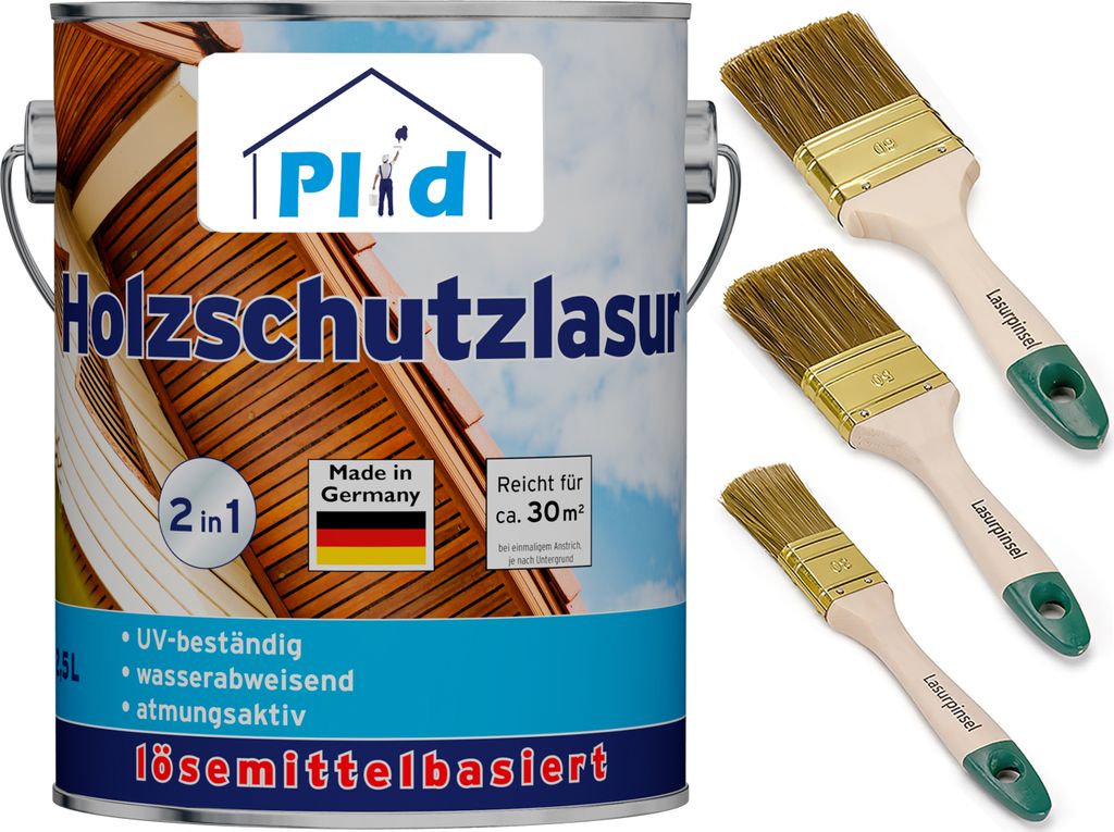 Plid Holzlasur 2,5l Teak für ca. 30m² + Lasurpinselset 3-tlg. / Holzschutzlasur