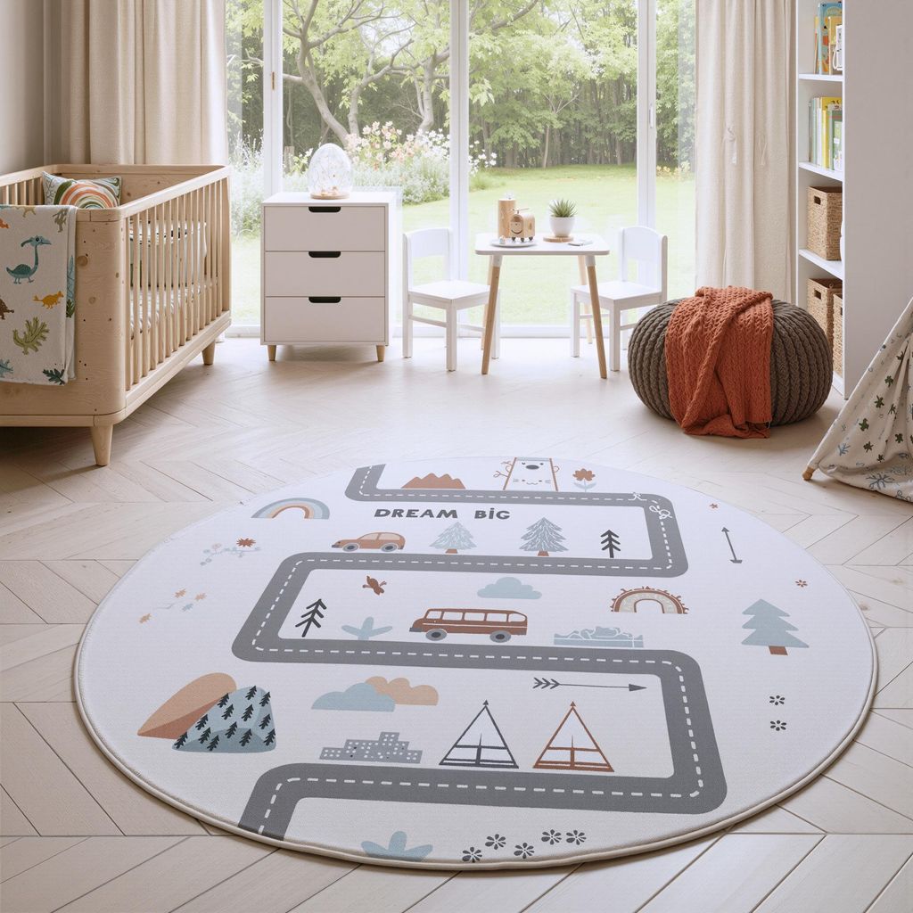 Homebyhome Kinderteppich Straße Spielteppich rund 160 cm für Kinderzimmer in Creme mit Fahrzeug und Natur Motiv ideal als Spielunterlage