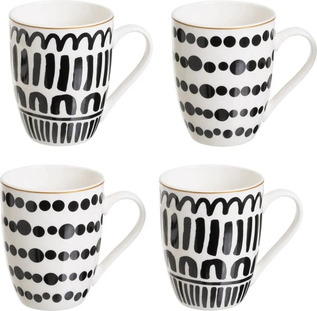 HowHomely | Becher - 4er Set Keramikbechern - weiß schwarz - 4 x 350 ml - Kaffeebecher - Teebecher
