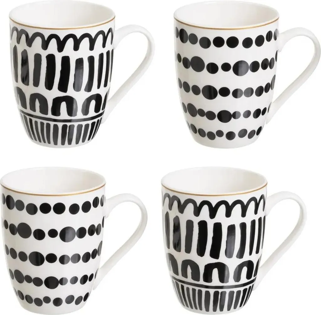 Mug Ceramica Design Moderno 350ml Bianco Nero | Set 4 Tazze HowHomely