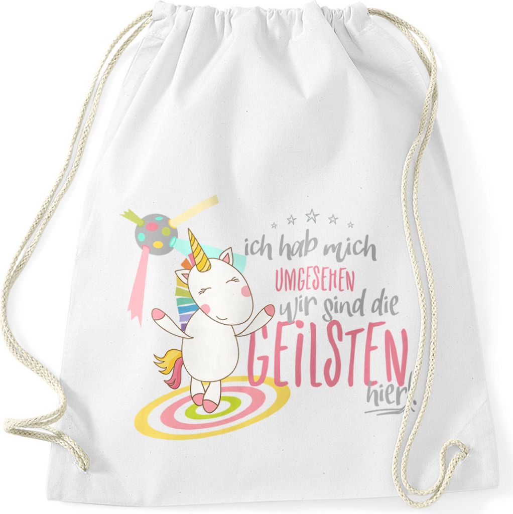 Turnbeutel Ich hab mich umgesehen wir sind die geilsten hier Einhorn Party Disco Moonworks weiß unisize
