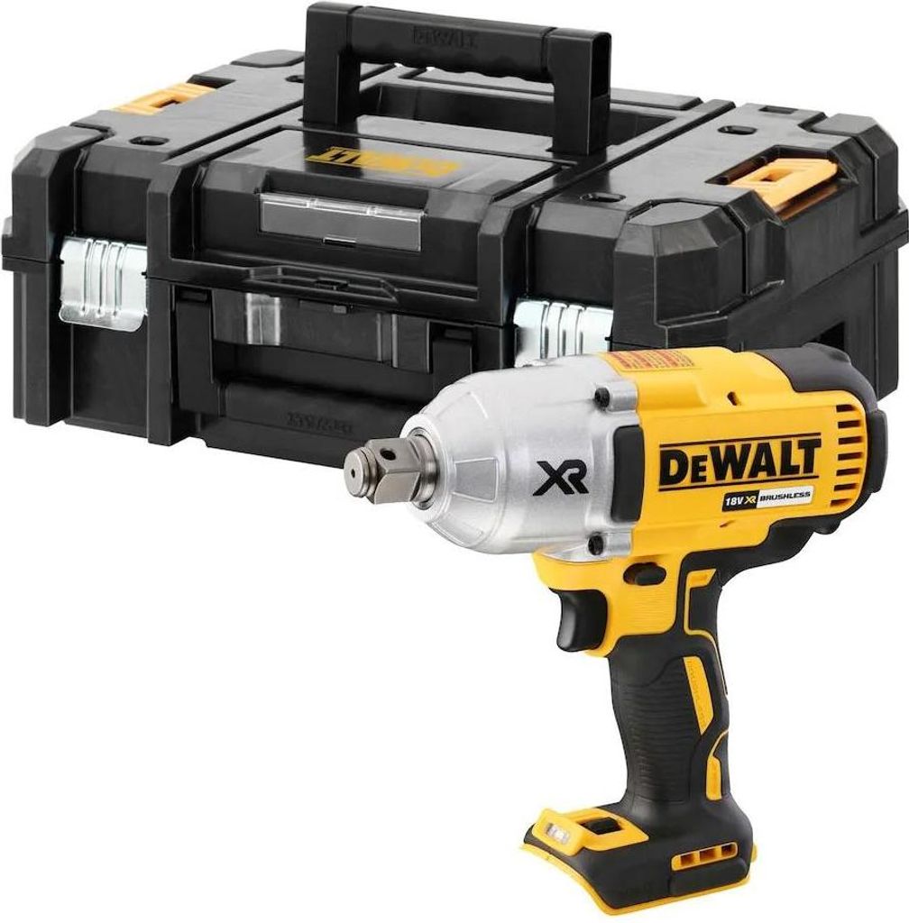 A DeWalt impact wrench and its storage case are shown against a white background.