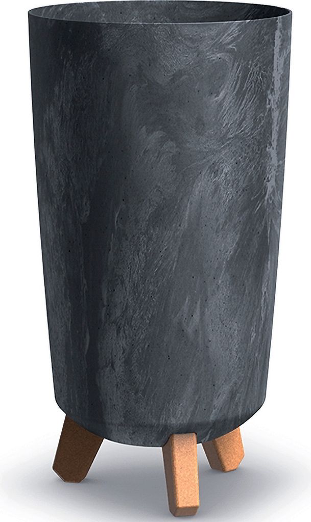 A tall, cylindrical planter with a marbled gray finish and three wooden legs.