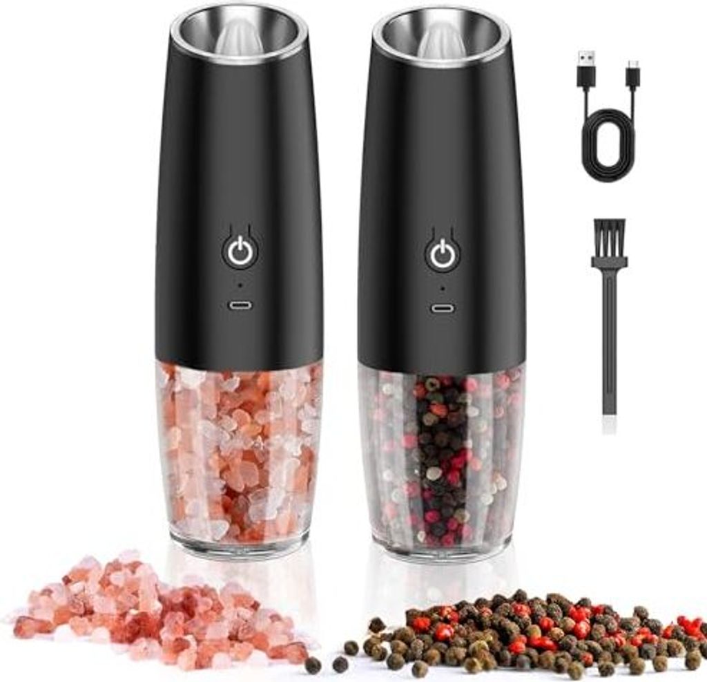 Elektrische Salz Pfeffermühle, Set 2, USB wiederaufladbare Verstellbarer Grobgewürz Automatische Mühle LED Light Küche BBQ