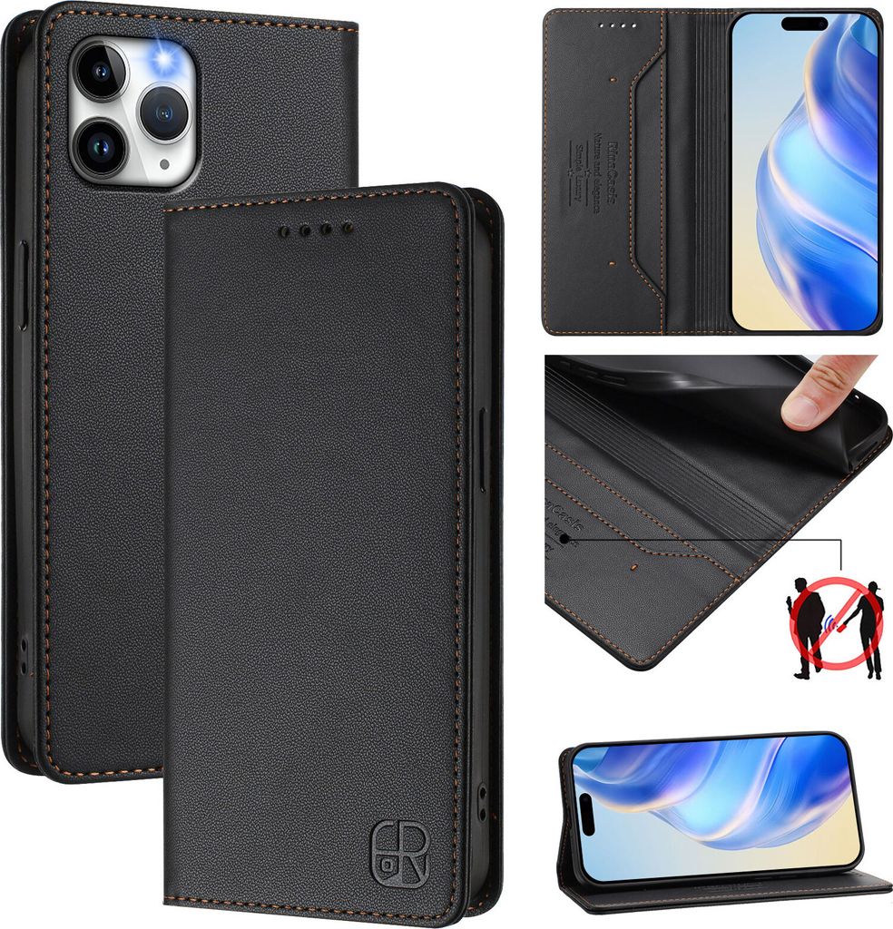 Lederhülle für iPhone 11 Pro Hülle Flip Brieftasche Kartenfächern Ständer Schutzhülle Schwarz