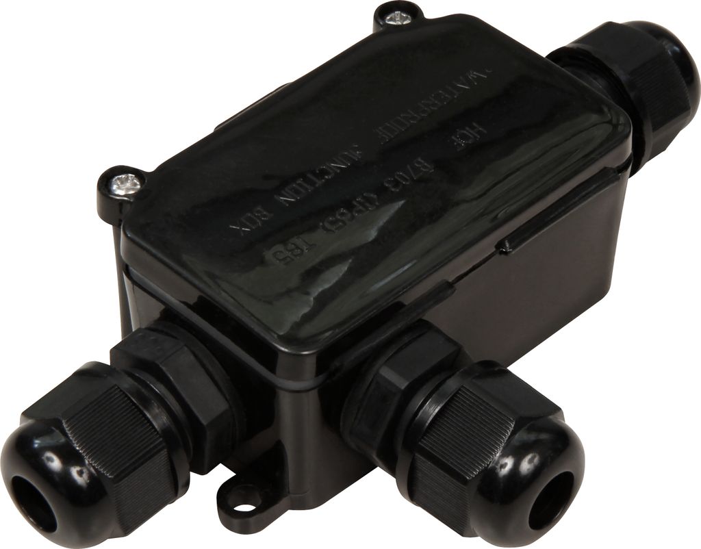 A black electrical junction box with three cable glands.