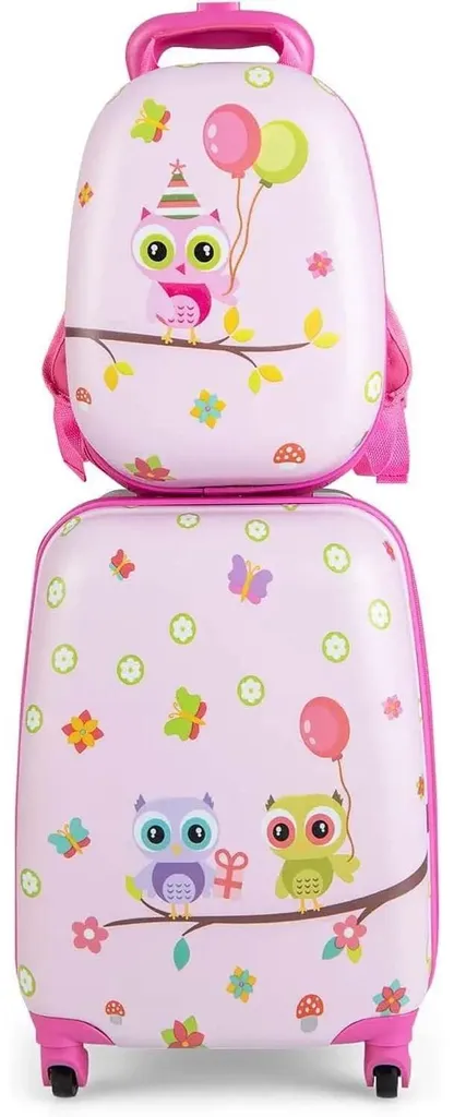 Valise enfant polycarbonate rose à motifs oiseaux haute résistance