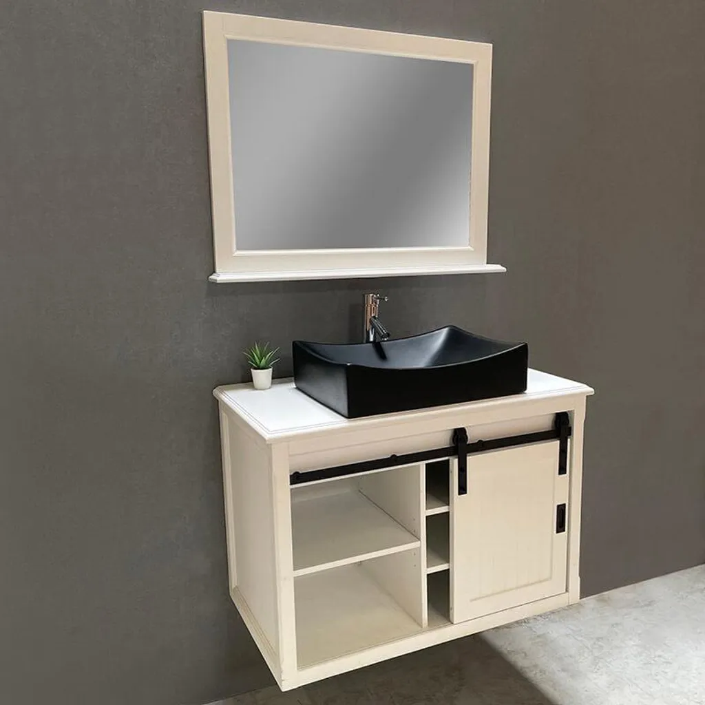 Meuble de salle de bain 93 cm bois blanc et miroir tablette robuste