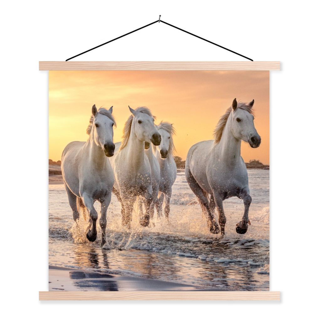 MuchoWow Textilposter Pferde - Sonne - Meer - Strand - Tiere 40x40 cm mit holzfarbenen Rahmen - Posterleiste