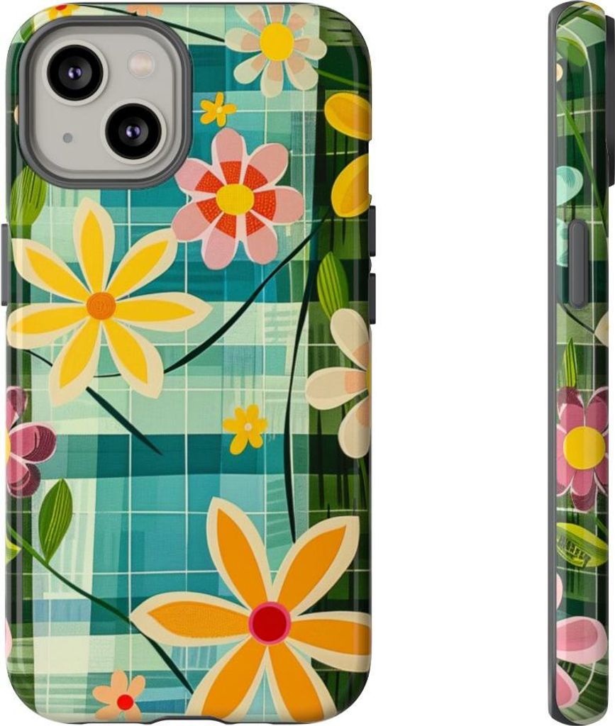 Buntes Retro-Blumenmuster auf blauem Hintergrund – Hülle Kompatibel mit iPhone 14