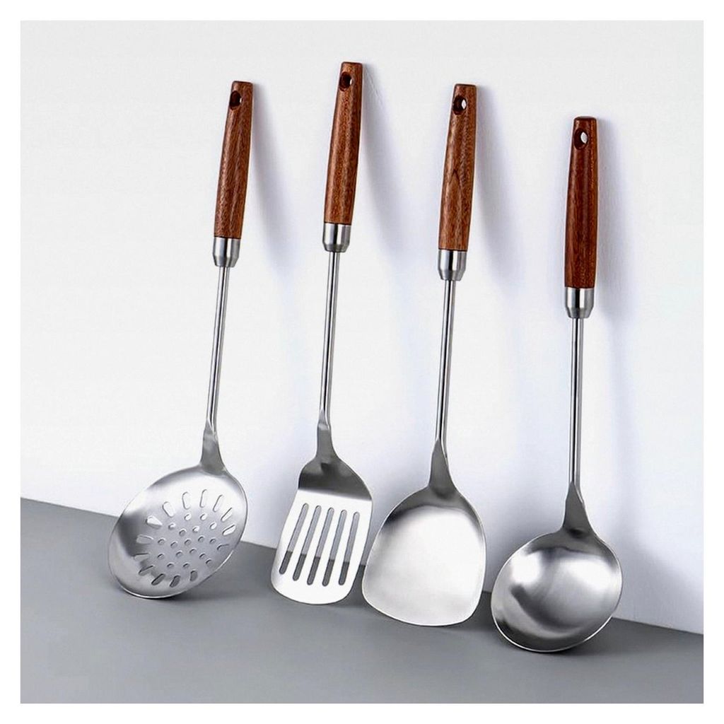 4-teiliges Wok-Utensilien-Set, Wok-Spatel, Schöpfkelle, geschlitzter Löffel und Wendespatel, Küchenutensilien aus 304 Edelstahl mit Holzgriff, s...