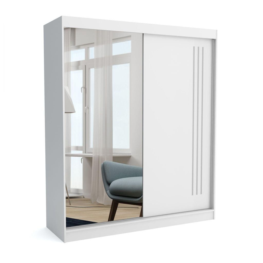 Kleiderschrank MIKE 180 WHITE, 180x60x215 cm mit Spiegel –Schiebetüren, Kleiderstange & Regalböden, Garderobenschrank, Moderner Kleiderschrank