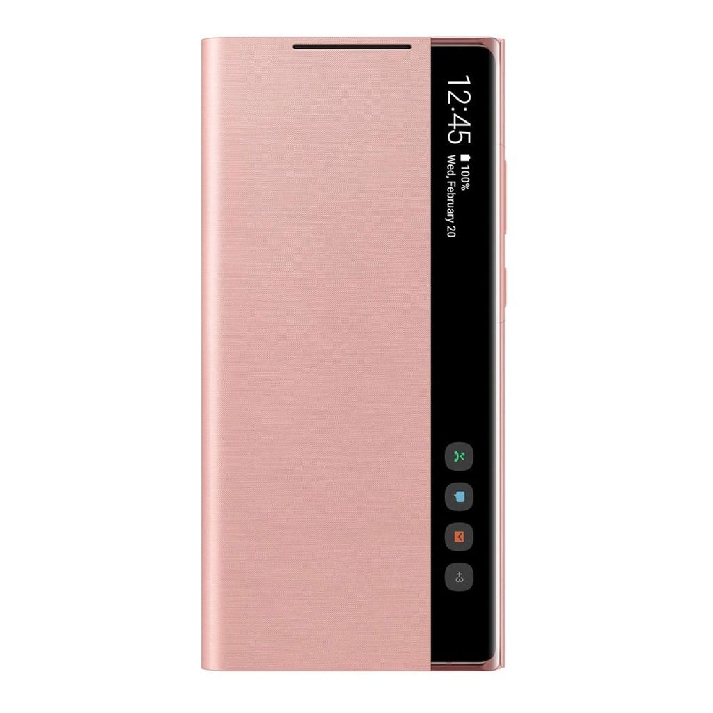 A rose gold Samsung Galaxy Note 20 flip case is shown against a white background. The case is closed, and the screen displays the time, date, and battery status, along with icons for quick access to apps.