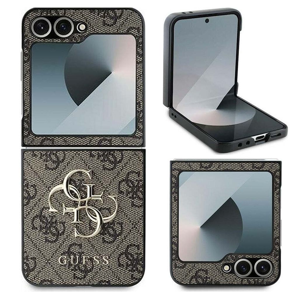 A collage of images showing a flip phone case with a Guess logo pattern.
