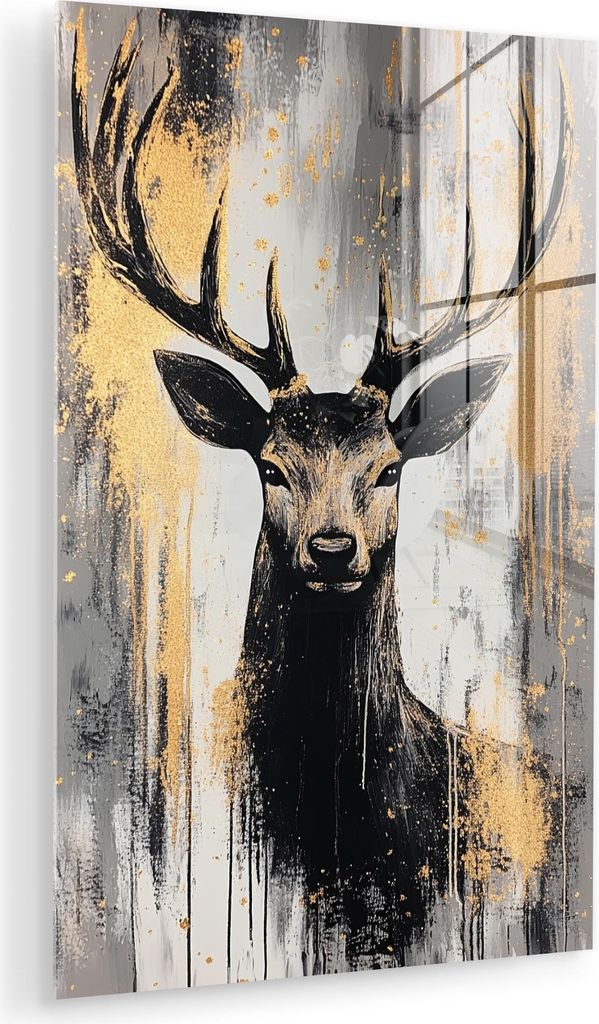 MuchoWow Glasbilder - Bilder auf Wandbild - Foto auf Glas Abstrakt - Hirsch - Geweih - Gold 40x60 cm Wanddekoration aus Glas - Acrylglasbild - Acry...