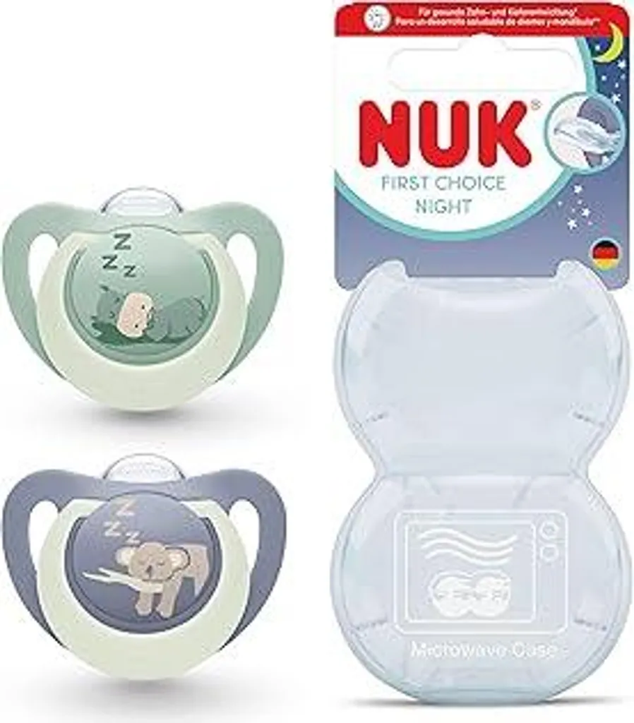 Ciuccio NUK First Choice Night Baby | 0-6 mesi | Ciuccio ortodontico che si illumina al buio | Calma il 99% dei bambini** | Ippopotamo/Koala | 0-2 pezzi