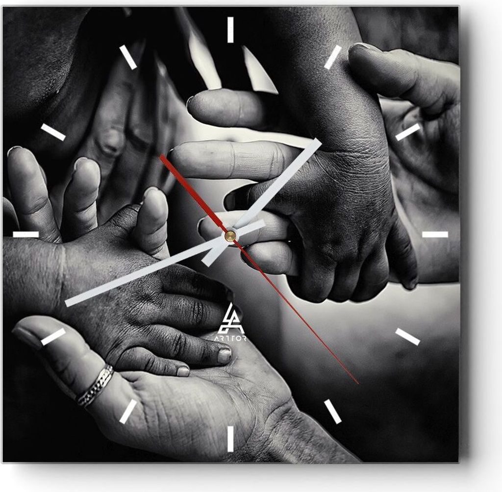 Wanduhr - Quadrat - Glasuhr - Hände Toleranz Gemeinschaft - 40x40cm - Schleichendes Uhrwerk - Lautlos - zum Aufhängen bereit - Dekoration Modern ...