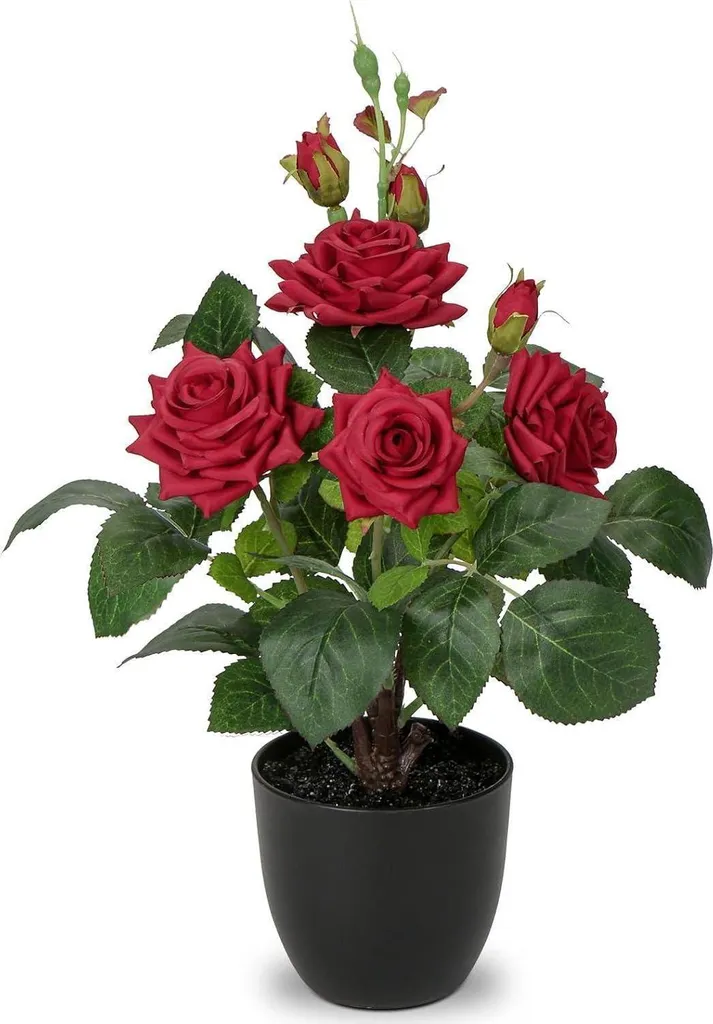 Décoration florale roses artificielles rouges en pot 34cm pour table