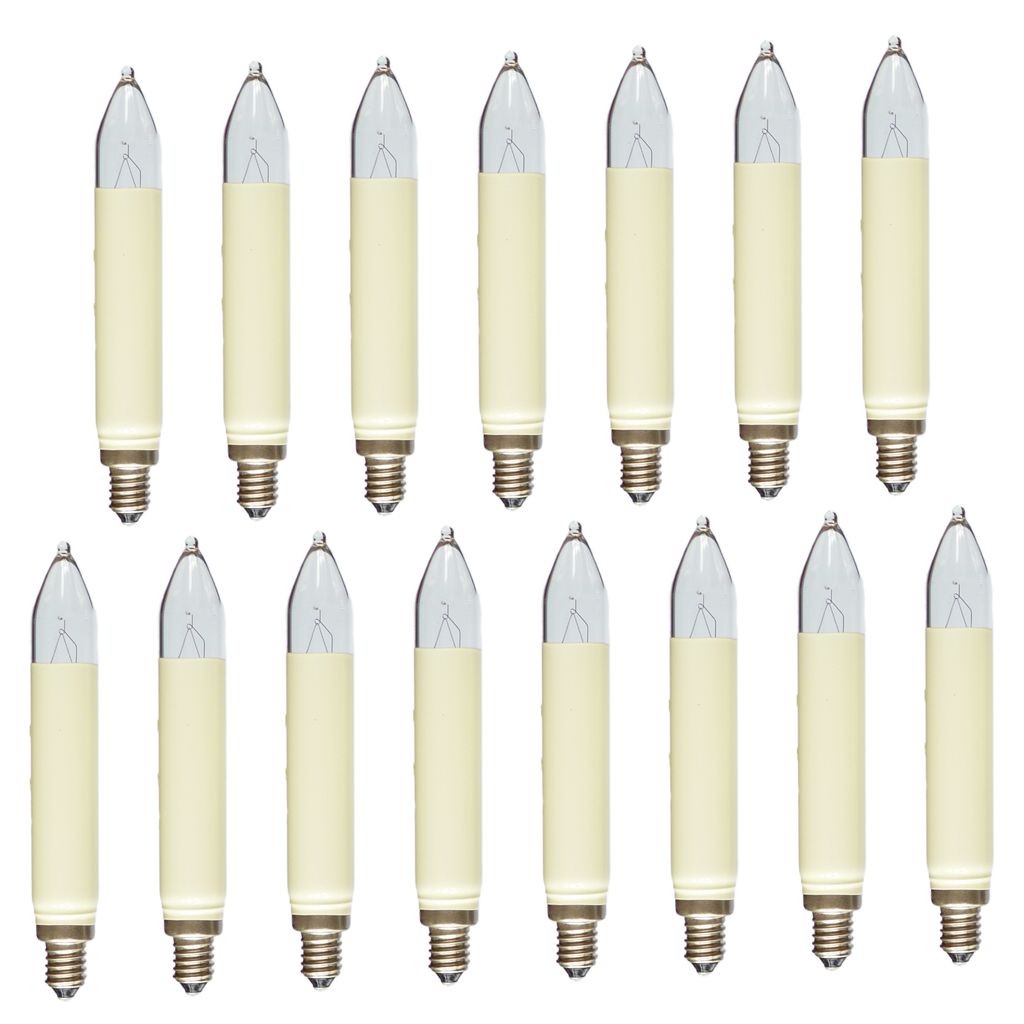 A collection of 15 candle-shaped light bulbs arranged in two rows on a white background.