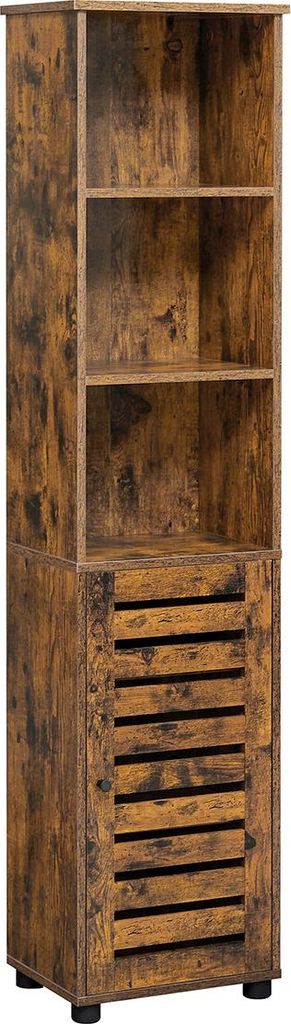 A tall, narrow, wooden cabinet with slatted doors and open shelves.