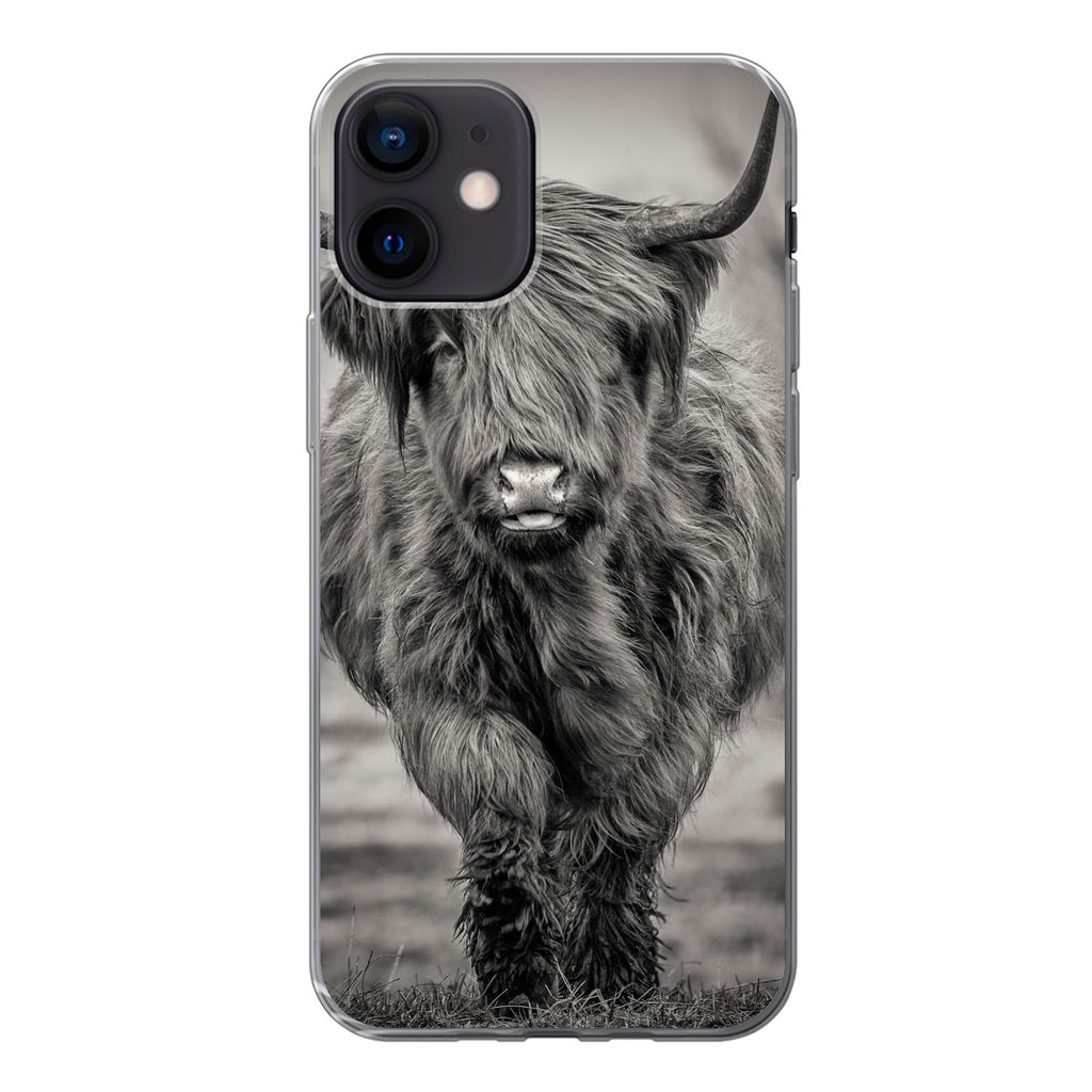 MuchoWow Handyhülle Schutzhülle Hülle für iPhone 12 Schottischer Highlander - Schwarz und Weiß Silikon Softcase Handy Hülle - Schutzhülle