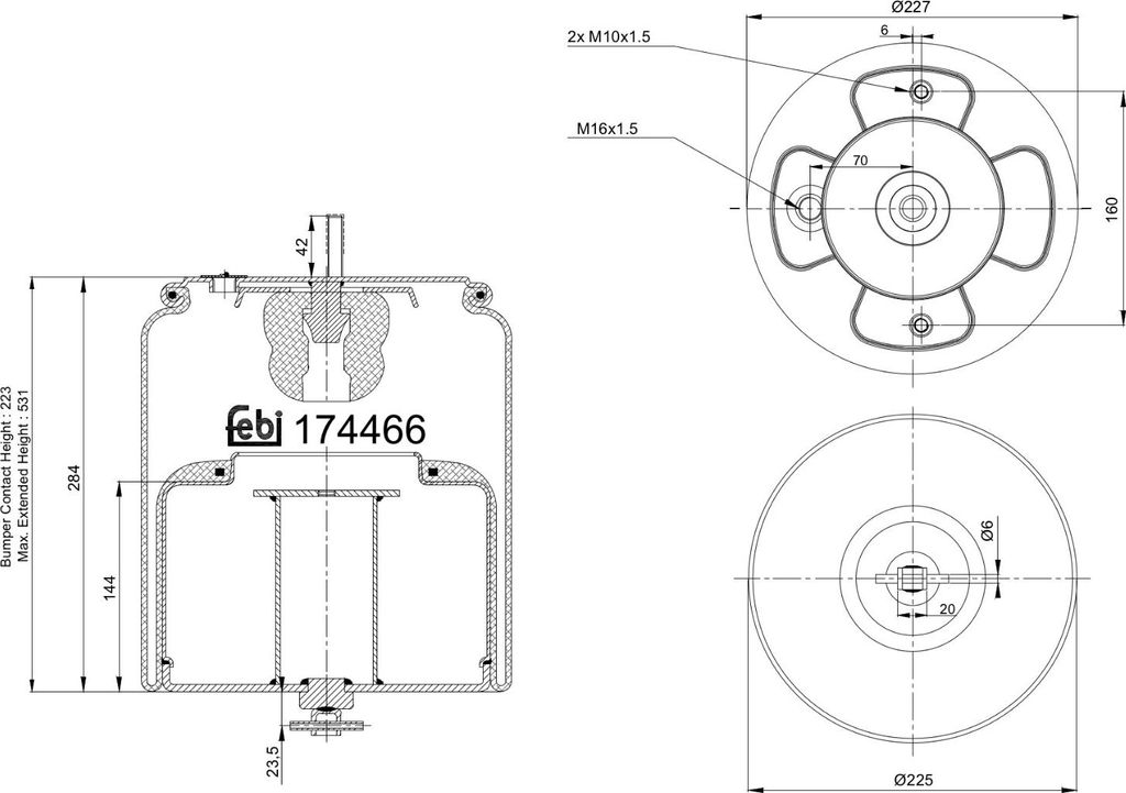 FEBI BILSTEIN Luftfederbalg 174466 Vorne für VOLVO FH 16 223mm 531mm 227mm 225mm