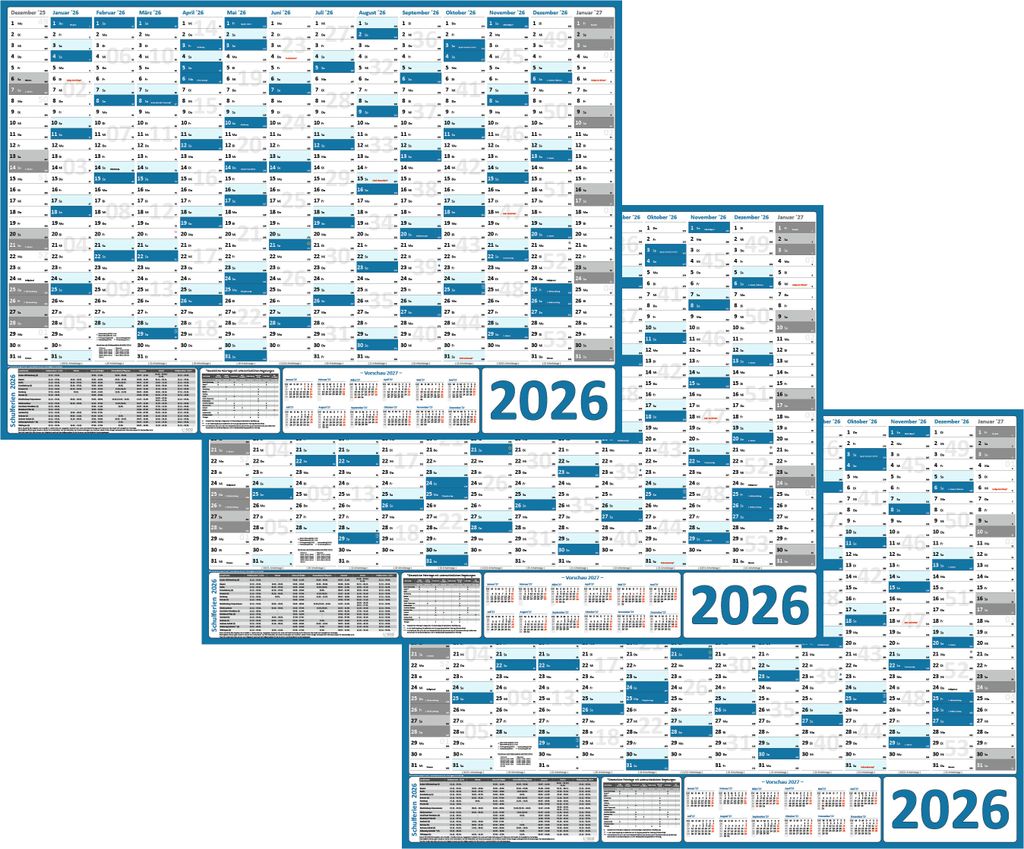 3 Stück XXL Wandkalender Wandplaner 2026 blau (gerollt) DIN A0 Format (841 x 1189 mm) 14 Monate komplette Jahresvorschau Folgejahr und Ferientermi...