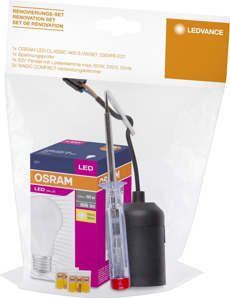 Ledvance Renovierungs-Set Osram LED Birne 8,5W = 60W E27 806lm warmweiß 2700K mit Baufassung Schwarz + Spannungsprüfer & Wago Klemmen