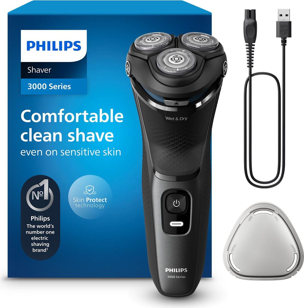 A Philips electric shaver and its accessories are displayed on a white background, with the product's packaging on the left.