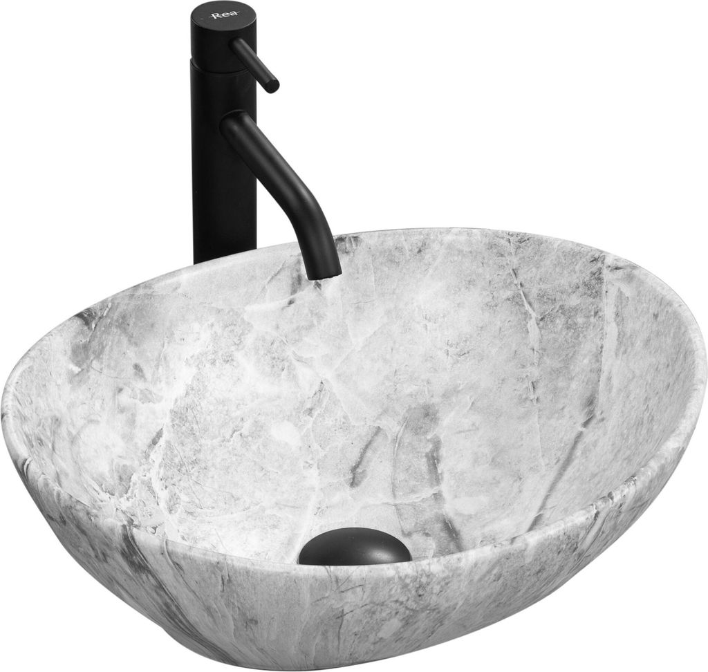 A grey oval washbasin with a black faucet against a white background.