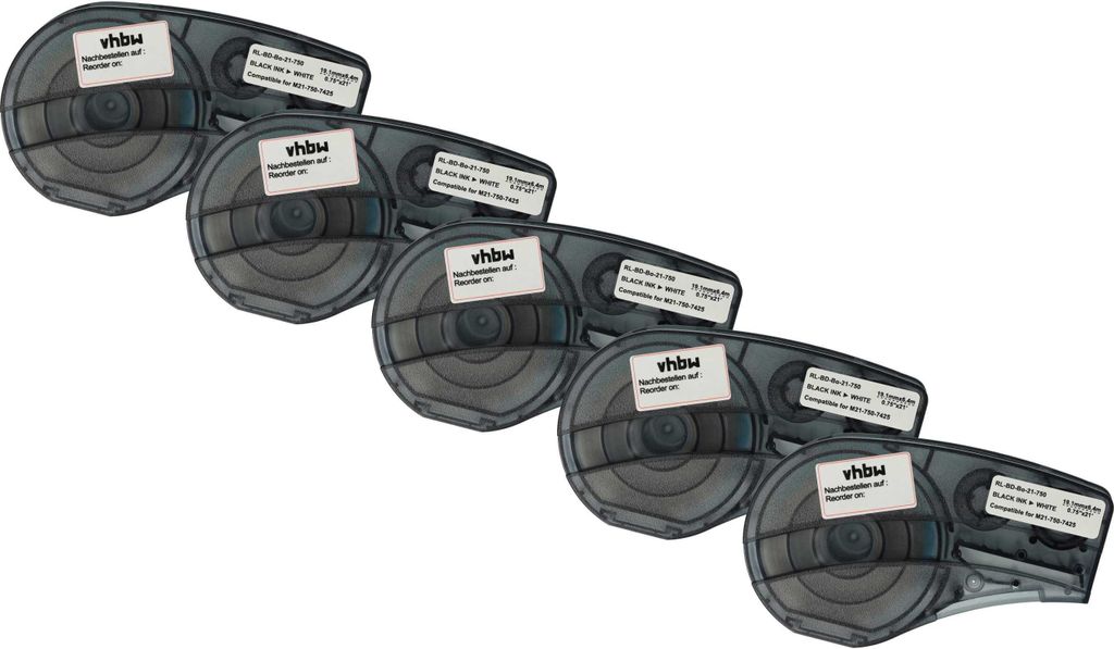 vhbw 5x Schriftband-Kassette kompatibel mit Brady BMP21-LAB, BMP21-PLUS, ID PAL, BMP21 Etiketten-Drucker 6,4m x 19,05mm Schwarz auf Weiß, Polyprop...