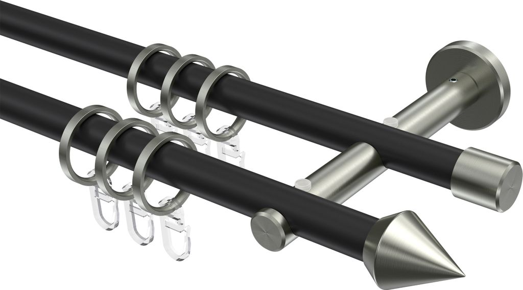 Interdeco Gardinenstange / Vorhangstange Schwarz / Edelstahl-Optik, Typ Medium Castello (Doppelkegel), 16 mm Ø 2-läufig, 200 cm
