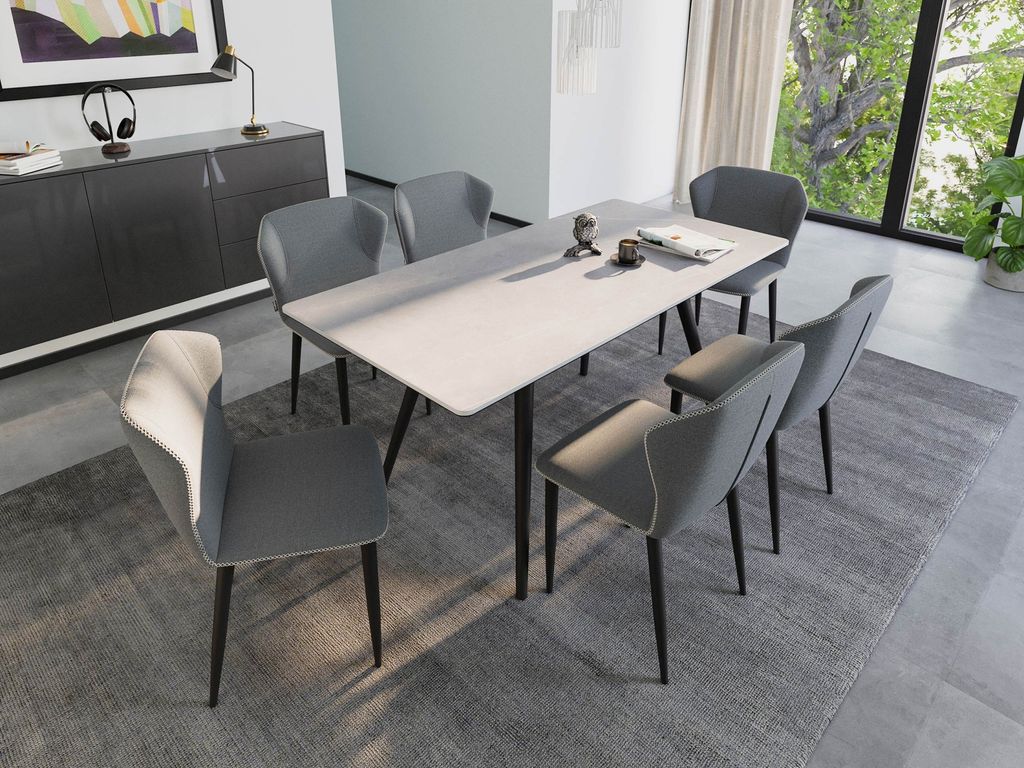 Esstisch Set RIGA 160 graue Keramikplatte mit 6 Stühlen Stoffbezug hellgrau : Grau