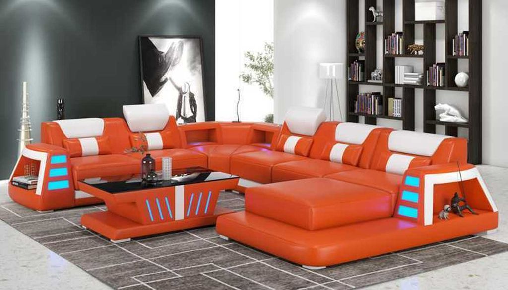 Couch Zeitgenössisch Ecksofa U Form Orange Wohnlandschaft Ledersofa Sofa