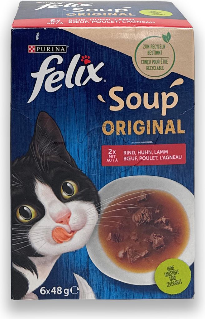 A box of Felix cat food soup with a picture of a cat and a bowl of soup.