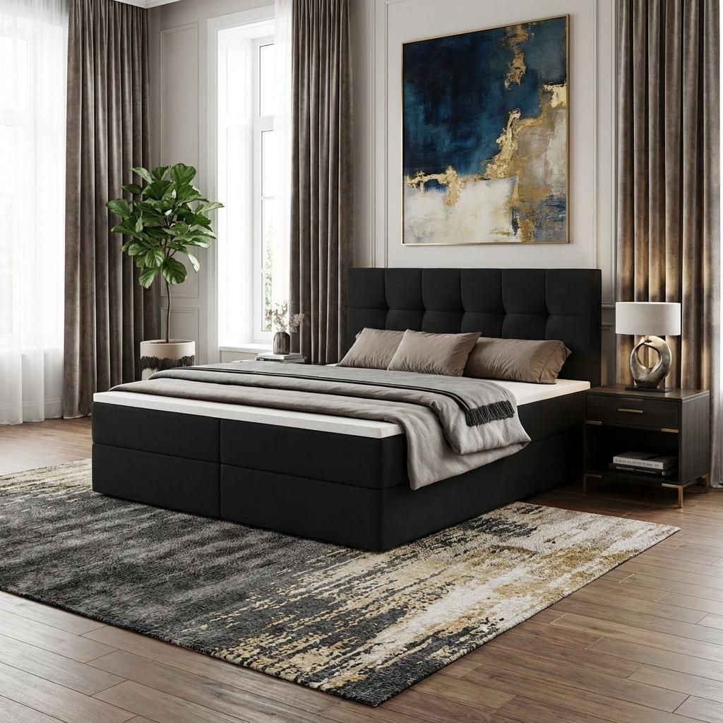 Boxspringbett AUREN 180x200 mit Bettkasten inkl. Bonellmatratze H3 und Topper – Polsterbett Stoff ASTI Schwarz