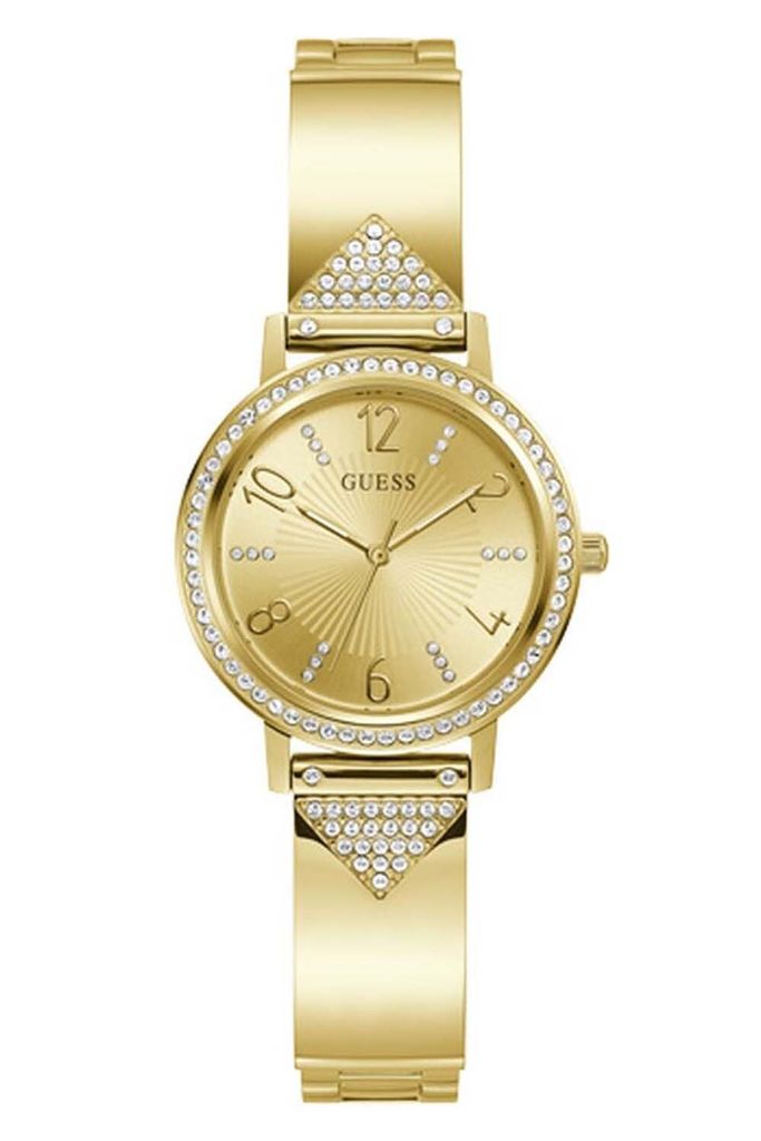 A studio shot of a gold-colored women's watch against a white background.