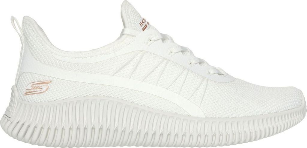 A white Skechers Bobs Geo New Aesthetics shoe is shown from the side against a white background.