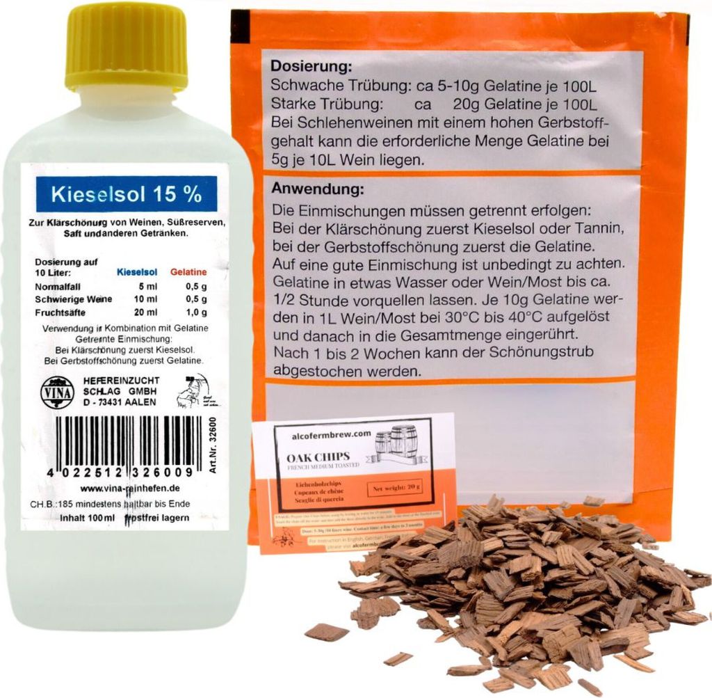 Klärset für Wein, Bier – Kieselsol 15% + önologische Gelatine 10 g, Schnelle 24h Klärung und Sedimentation für Wein, Bier und Maische