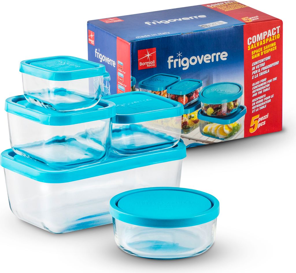 A set of glass food containers with blue lids, displayed with their packaging.
